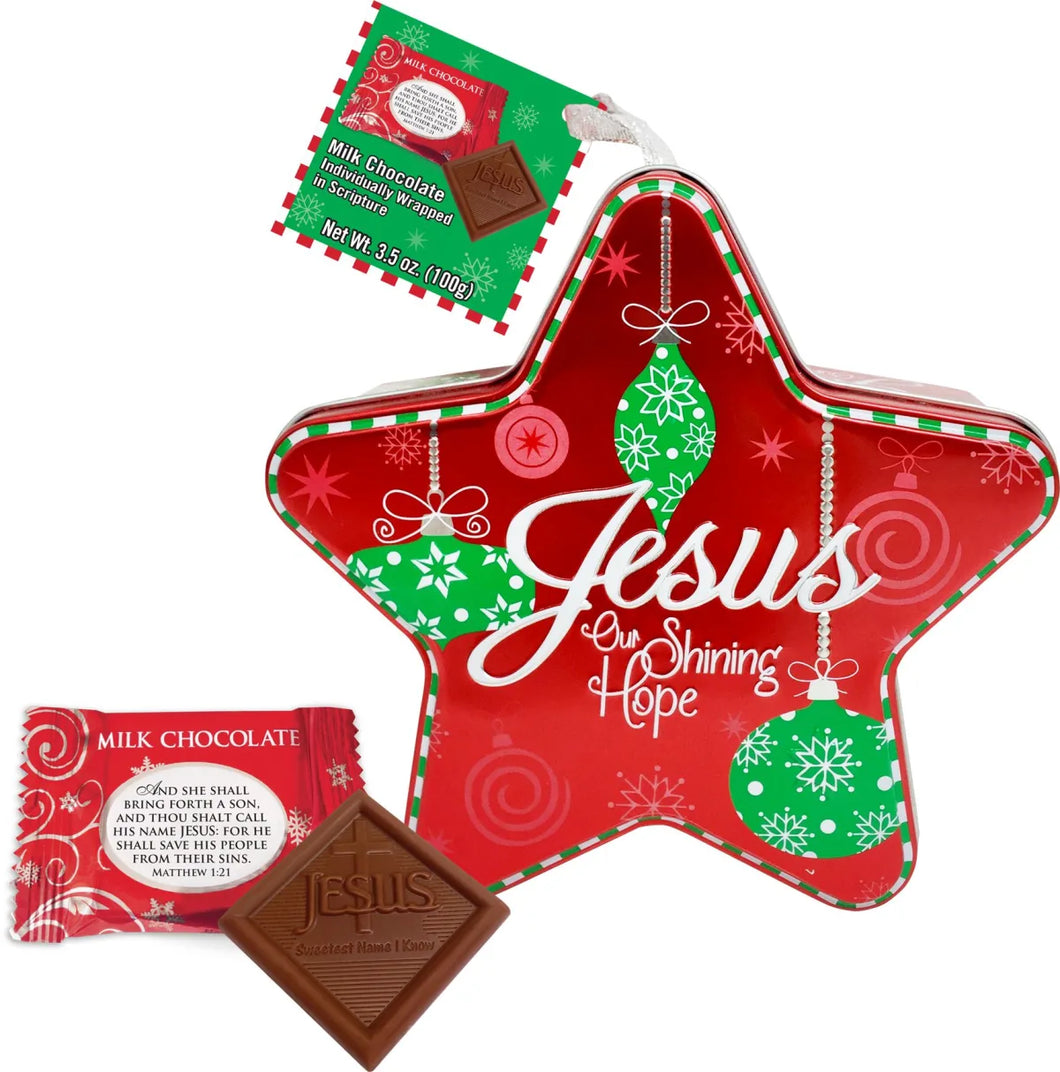 Jesus Our Shining Hope Red & Green Ornament Star Tin With Milk Chocolates