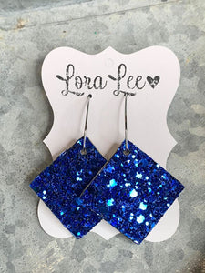 Blue Sparkle Diamond Shaped Leather Earrings