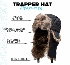 Fleece Lined Trapper Hats - Black Nylon