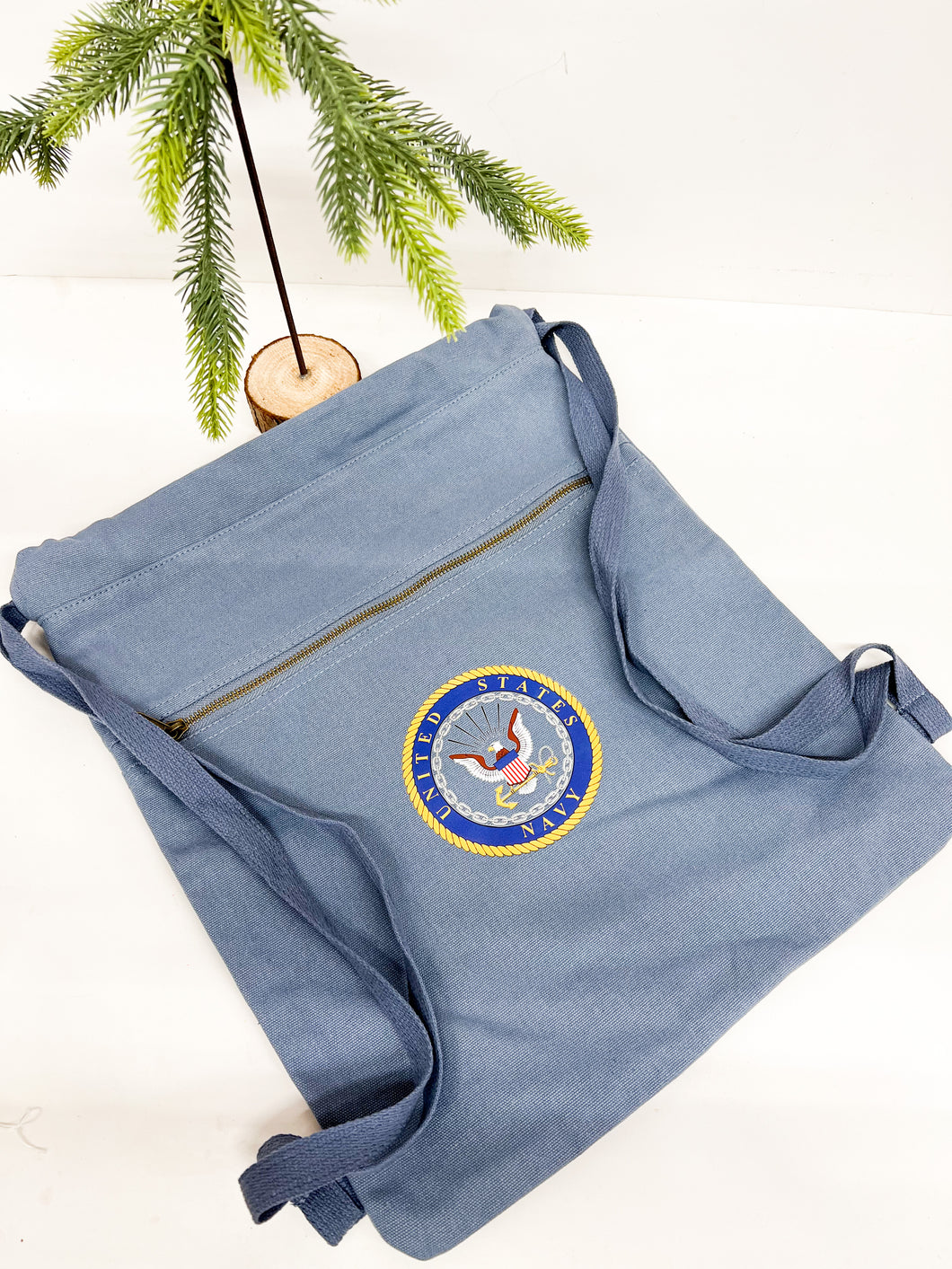Navy Canvas Cinch Bag - Light Blue