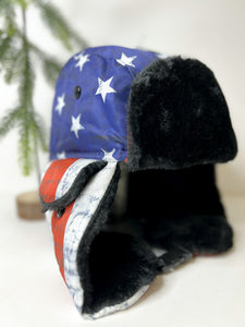 Fleece Lined Trapper Hats - American Flag Nylon